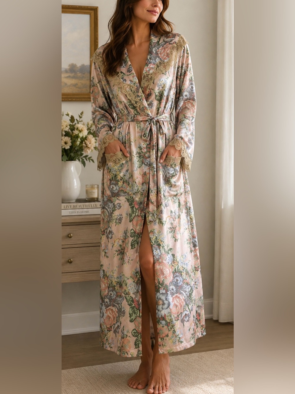 Vintage Victoria’s Secret Floral Satin Lace Trim Long Robe Size L
